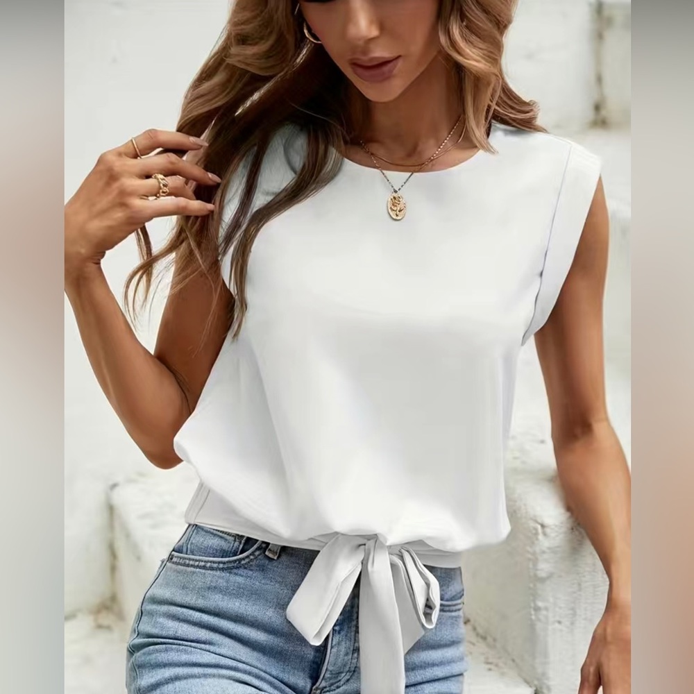 Passion Keyhole Back Tie Front Blouse, Casual Crew Neck Blouse - Picture 2 of 9